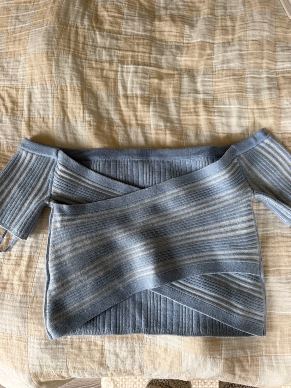 Aerie Light Blue Off-Shoulder Ribbed Wrap Sweater